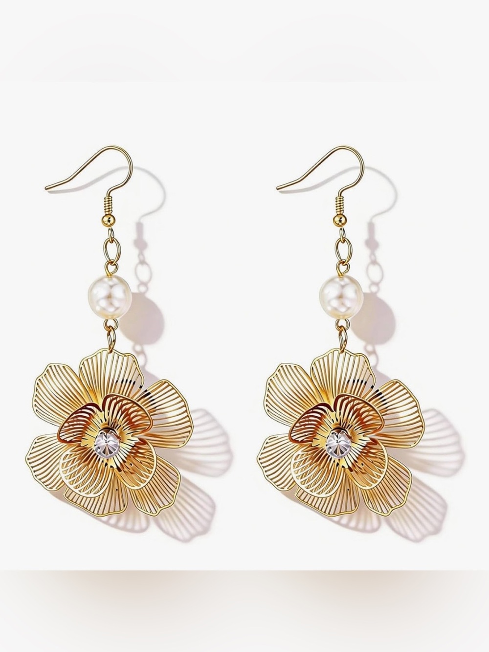 Anthropologie Gold Flower Drop Earrings with Pearl - Picture 2 of 6